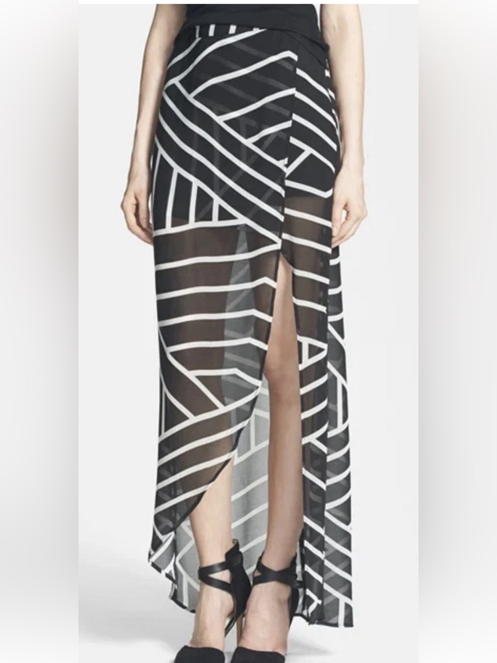 ASTR Black White Sheer Striped Split Wrap Maxi Skirt Sz Small (fixed Defect)